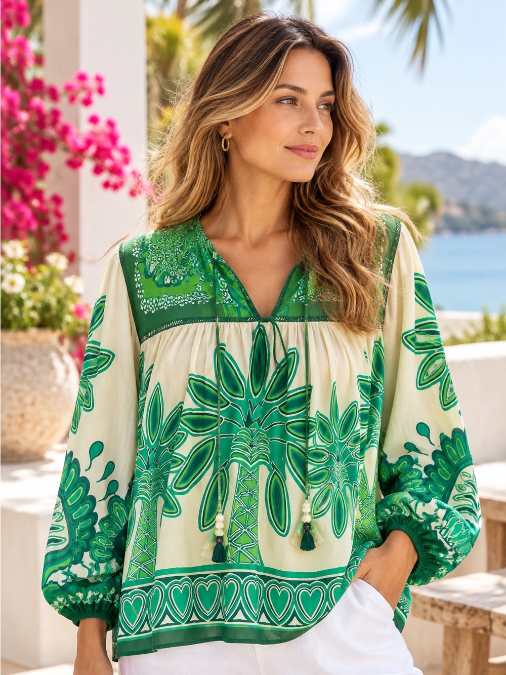 FARM Rio x Anthropologie Green Palm Print Beaded Tassel Blouse XS